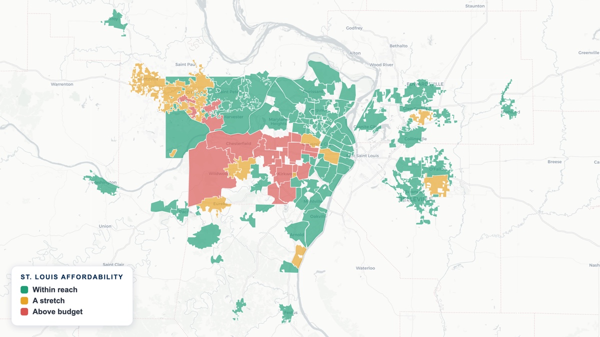 Map of St. Louis-area communities shaded by home affordability, from green (affordable) to red (above budget)