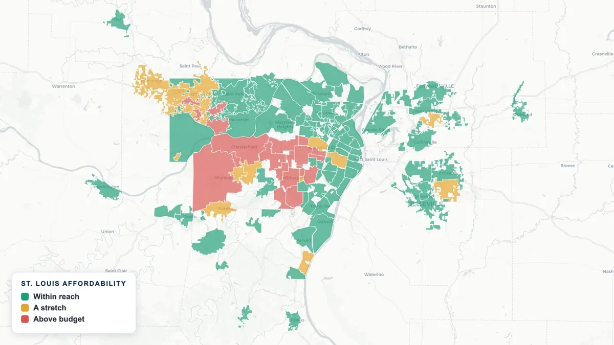 Map of St. Louis-area communities shaded by home affordability, from green (affordable) to red (above budget)