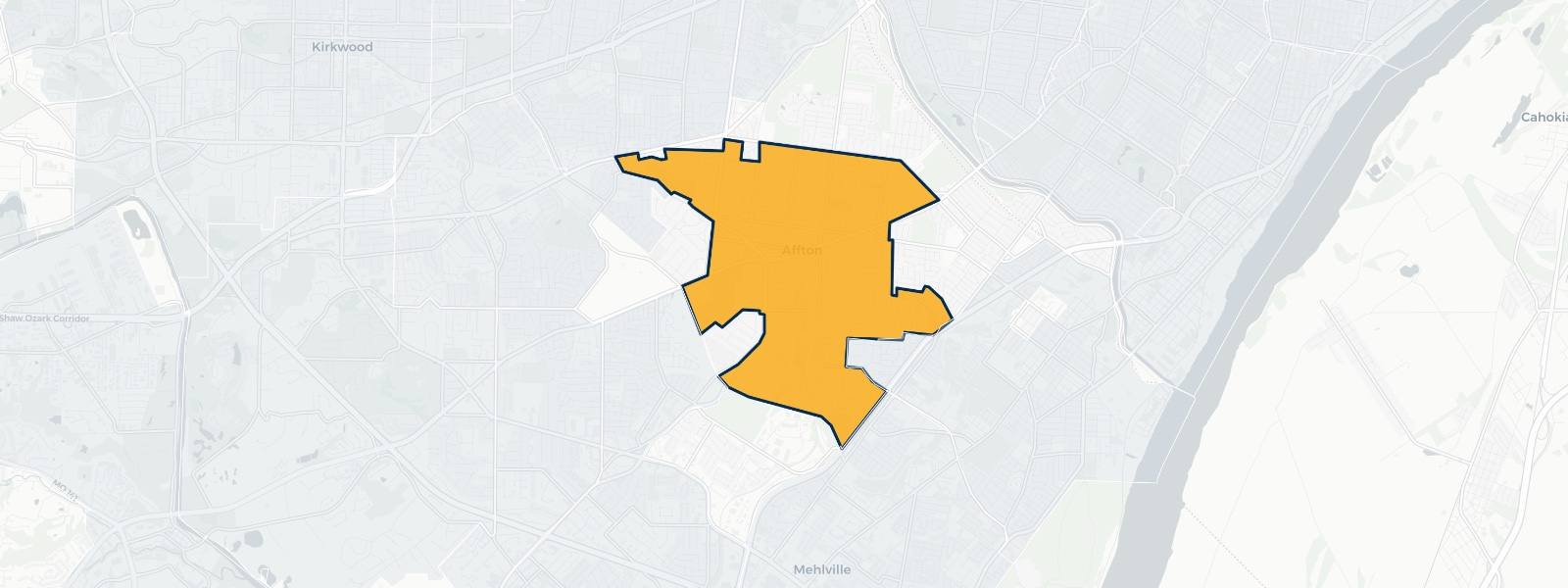 Map of Affton, Missouri highlighted within St. Louis County — Better Rate Mortgage neighborhood guide showing a $266,016 median home price.