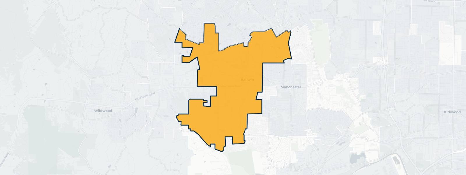 Map of Ballwin, Missouri highlighted within St. Louis County — Better Rate Mortgage neighborhood guide showing a $390,568 median home price.