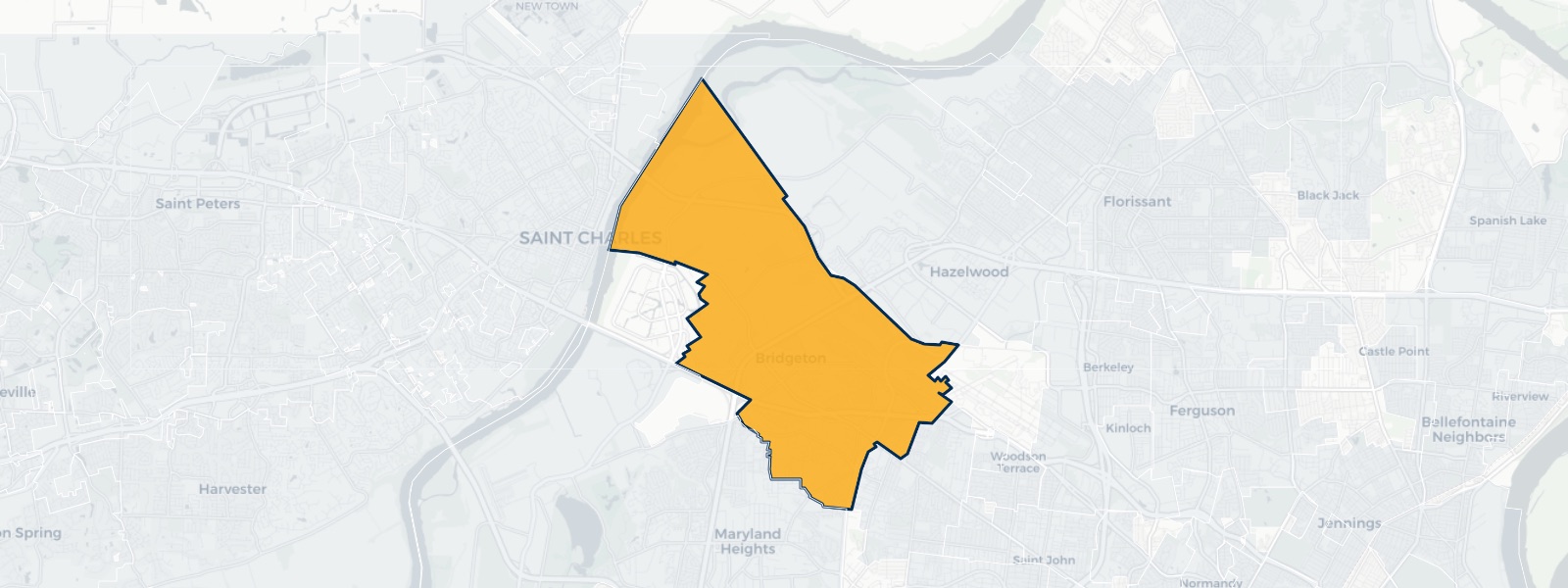 Map of Bridgeton, Missouri highlighted within St. Louis County — Better Rate Mortgage neighborhood guide showing a $292,241 median home price.