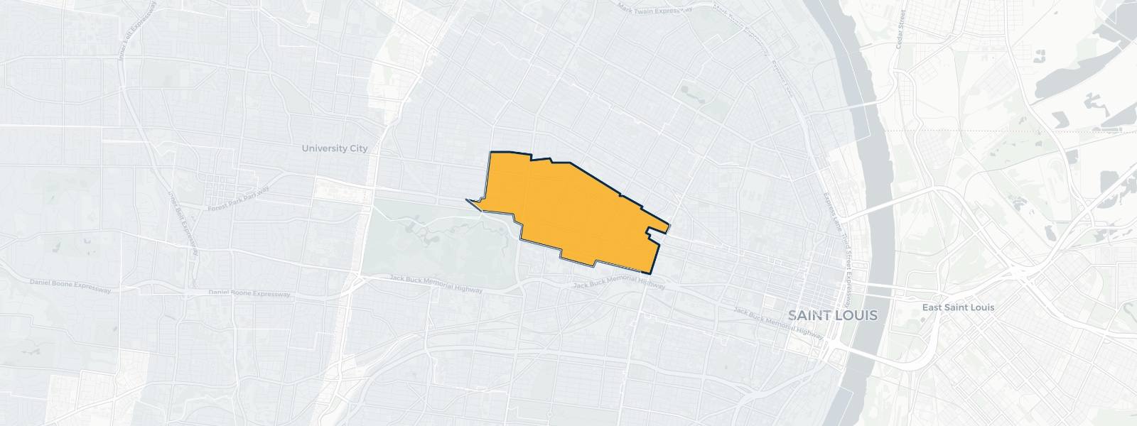 Map of Central West End, Missouri highlighted within City of St. Louis — Better Rate Mortgage neighborhood guide showing a $357,000 median home price.