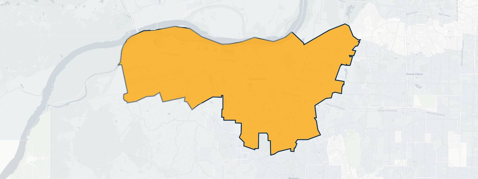 Map of Chesterfield, Missouri highlighted within St. Louis County — Better Rate Mortgage neighborhood guide showing a $604,162 median home price.