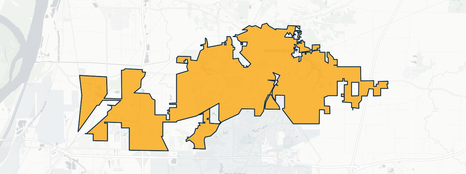 Map of Edwardsville, Illinois highlighted within Madison County — Better Rate Mortgage neighborhood guide showing a $327,724 median home price.