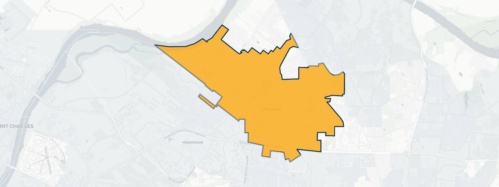 Map of Florissant, Missouri highlighted within St. Louis County — Better Rate Mortgage neighborhood guide showing a $188,050 median home price.