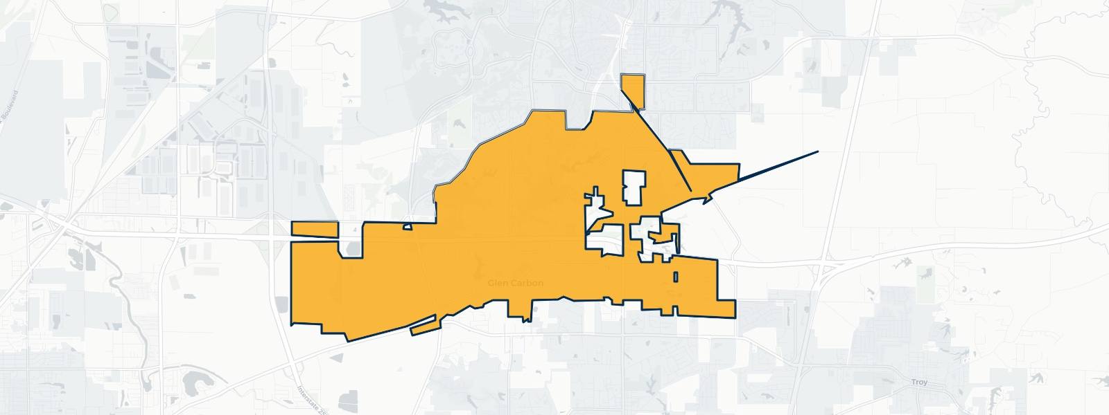 Map of Glen Carbon, Illinois highlighted within Madison County — Better Rate Mortgage neighborhood guide showing a $350,639 median home price.