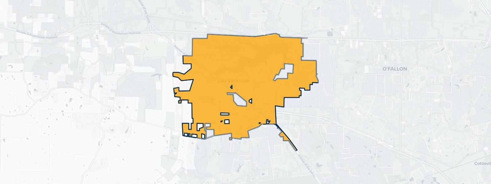 Map of Lake St. Louis, Missouri highlighted within St. Charles County — Better Rate Mortgage neighborhood guide showing a $400,378 median home price.