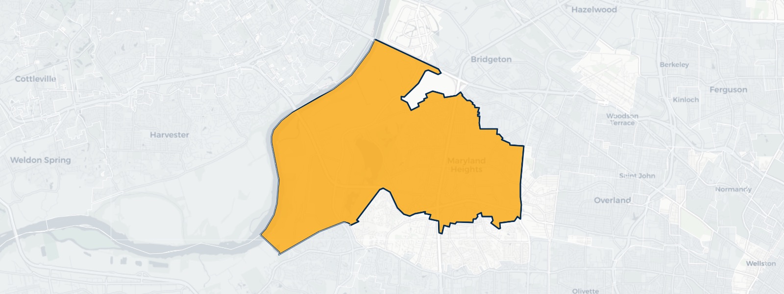 Map of Maryland Heights, Missouri highlighted within St. Louis County — Better Rate Mortgage neighborhood guide showing a $259,911 median home price.