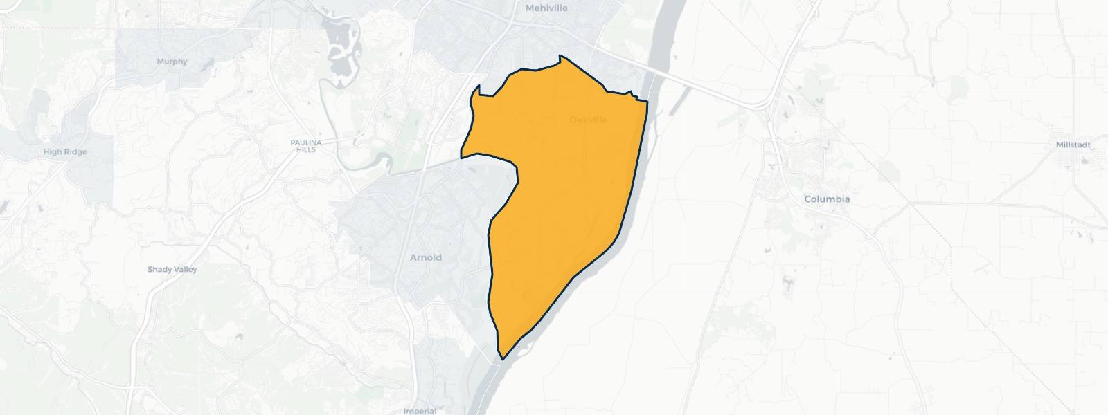 Map of Oakville, Missouri highlighted within St. Louis County — Better Rate Mortgage neighborhood guide showing a $363,713 median home price.
