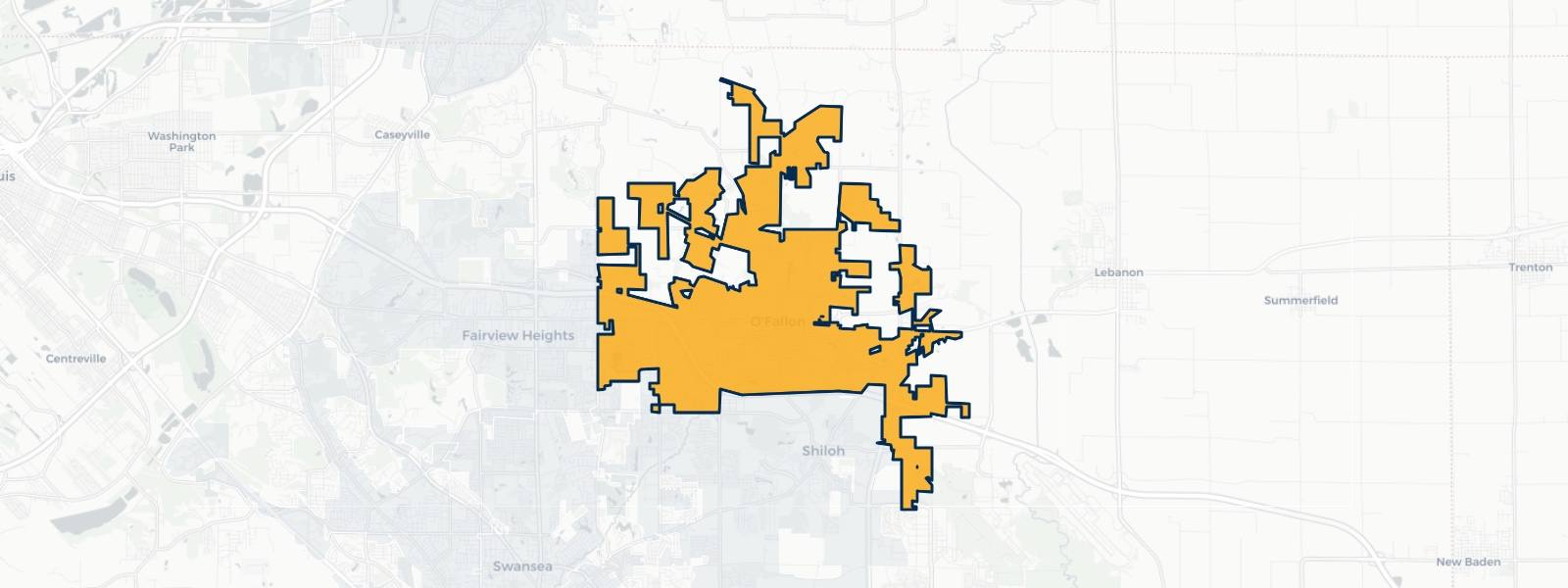 Map of O'Fallon, Illinois highlighted within St. Clair County — Better Rate Mortgage neighborhood guide showing a $331,160 median home price.