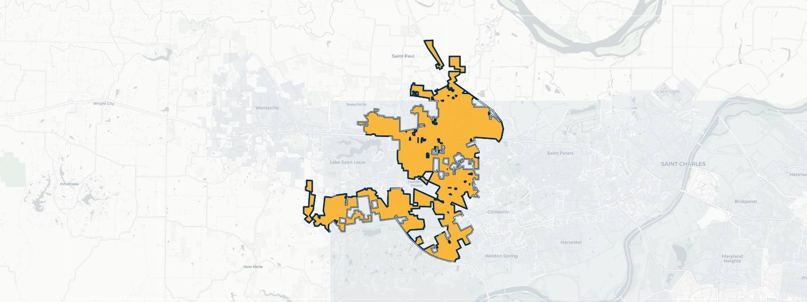 Map of O'Fallon, Missouri highlighted within St. Charles County — Better Rate Mortgage neighborhood guide showing a $379,228 median home price.