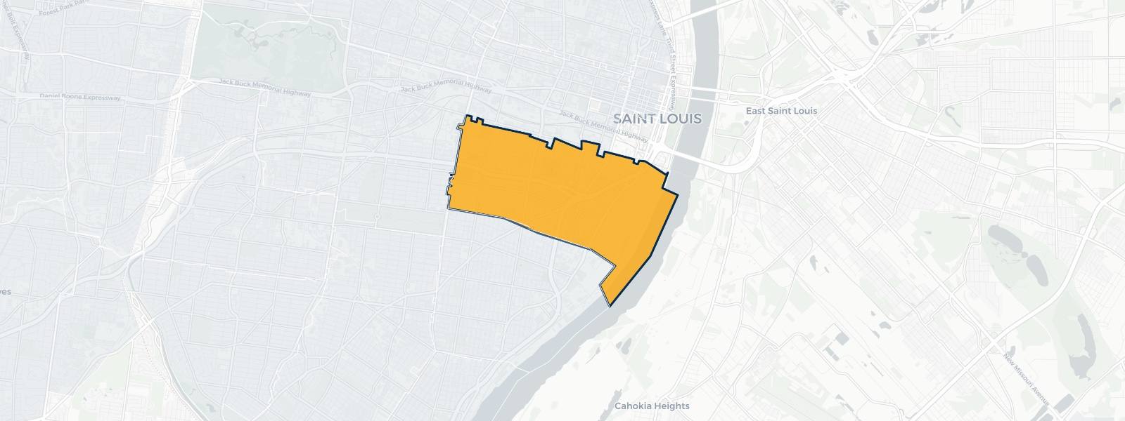 Map of Soulard, Missouri highlighted within City of St. Louis — Better Rate Mortgage neighborhood guide showing a $314,000 median home price.