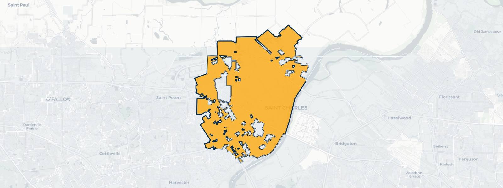 Map of St. Charles, Missouri highlighted within St. Charles County — Better Rate Mortgage neighborhood guide showing a $357,590 median home price.