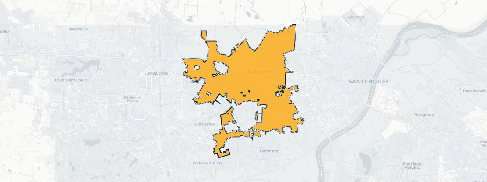 Map of St. Peters, Missouri highlighted within St. Charles County — Better Rate Mortgage neighborhood guide showing a $334,522 median home price.