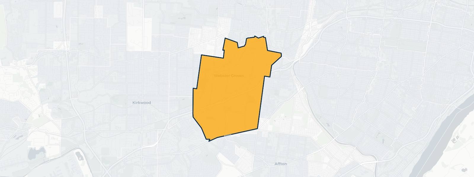 Map of Webster Groves, Missouri highlighted within St. Louis County — Better Rate Mortgage neighborhood guide showing a $422,013 median home price.