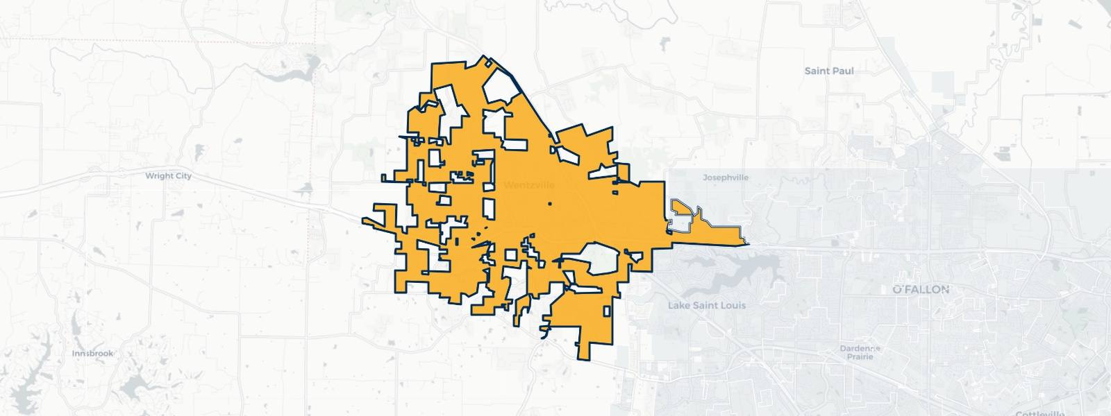 Map of Wentzville, Missouri highlighted within St. Charles County — Better Rate Mortgage neighborhood guide showing a $391,790 median home price.