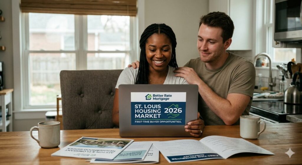 A couple researching the 2026 St. Louis housing market on a laptop from Better Rate Mortgage.