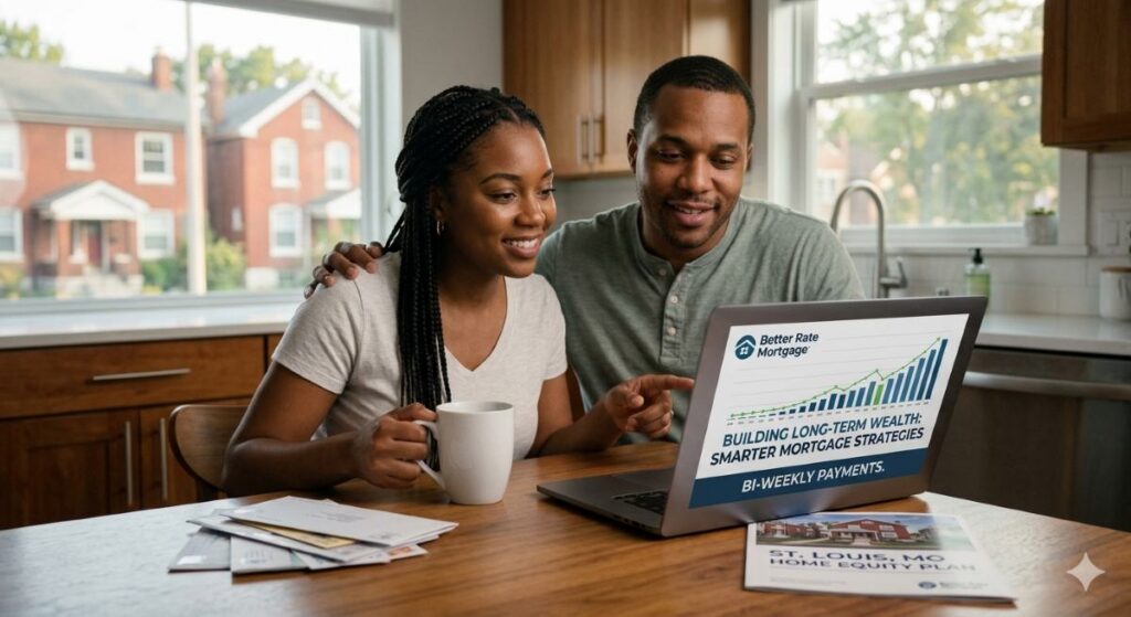 A couple reviewing a "Bi-Weekly Payments" long-term wealth strategy from Better Rate Mortgage on a laptop in their St. Louis home.