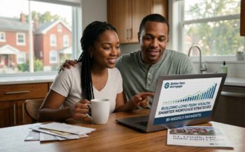 A couple reviewing a "Bi-Weekly Payments" long-term wealth strategy from Better Rate Mortgage on a laptop in their St. Louis home.