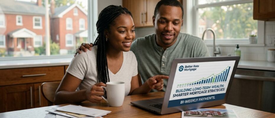 A couple reviewing a "Bi-Weekly Payments" long-term wealth strategy from Better Rate Mortgage on a laptop in their St. Louis home.