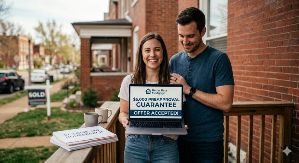 A couple researching the 2026 St. Louis housing market on a laptop from Better Rate Mortgage.