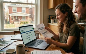 A smiling St. Louis couple at a kitchen table, holding a $5,000 Preapproval Guarantee letter from Better Rate Mortgage.