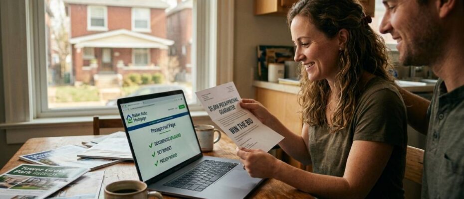 A smiling St. Louis couple at a kitchen table, holding a $5,000 Preapproval Guarantee letter from Better Rate Mortgage.