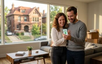A happy couple holding a smartphone displaying a "Loan Approved" notification inside a modern home with a view of traditional brick architecture outside.