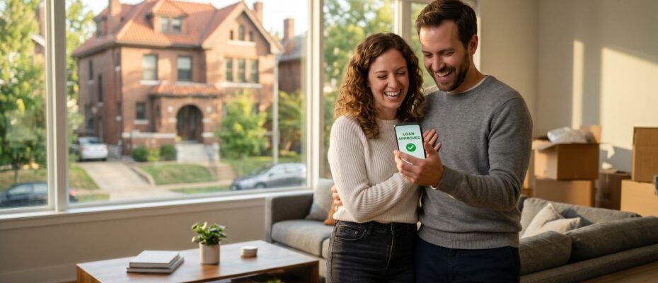 A happy couple holding a smartphone displaying a "Loan Approved" notification inside a modern home with a view of traditional brick architecture outside.