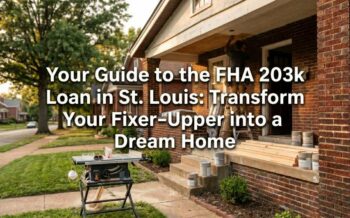 A contractor renovates a St. Louis brick home, overlaid with text: "Your Guide to the FHA 203k Loan in St. Louis: Transform Your Fixer-Upper into a Dream Home."