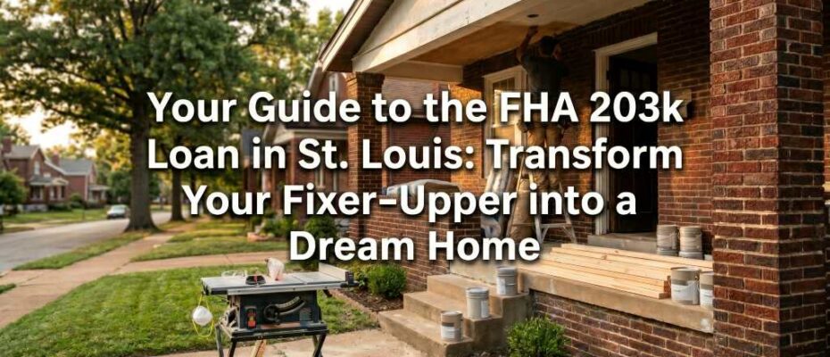 A contractor renovates a St. Louis brick home, overlaid with text: "Your Guide to the FHA 203k Loan in St. Louis: Transform Your Fixer-Upper into a Dream Home."