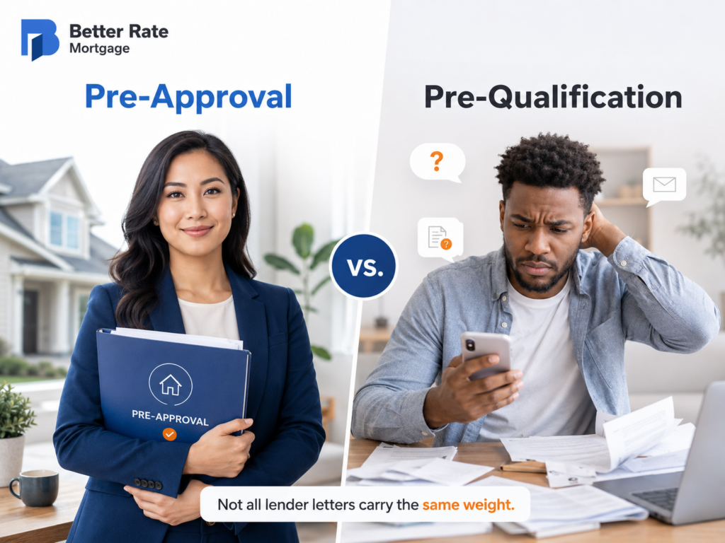 Mortgage pre-approval vs. pre-qualification for St. Louis buyers — a confident buyer holding a Better Rate pre-approval letter beside a stressed buyer with only a prequalification.