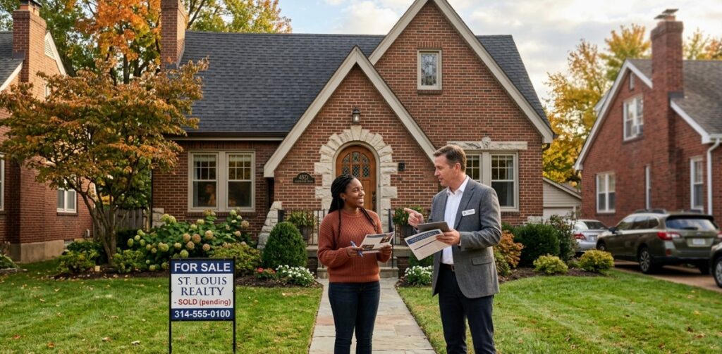 St. Louis homebuyer and real estate agent reviewing a stronger mortgage offer outside a brick home with a 'Sold pending' sign.