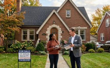 St. Louis homebuyer and real estate agent reviewing a stronger mortgage offer outside a brick home with a 'Sold pending' sign.