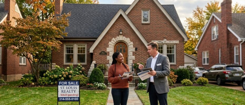 St. Louis homebuyer and real estate agent reviewing a stronger mortgage offer outside a brick home with a 'Sold pending' sign.